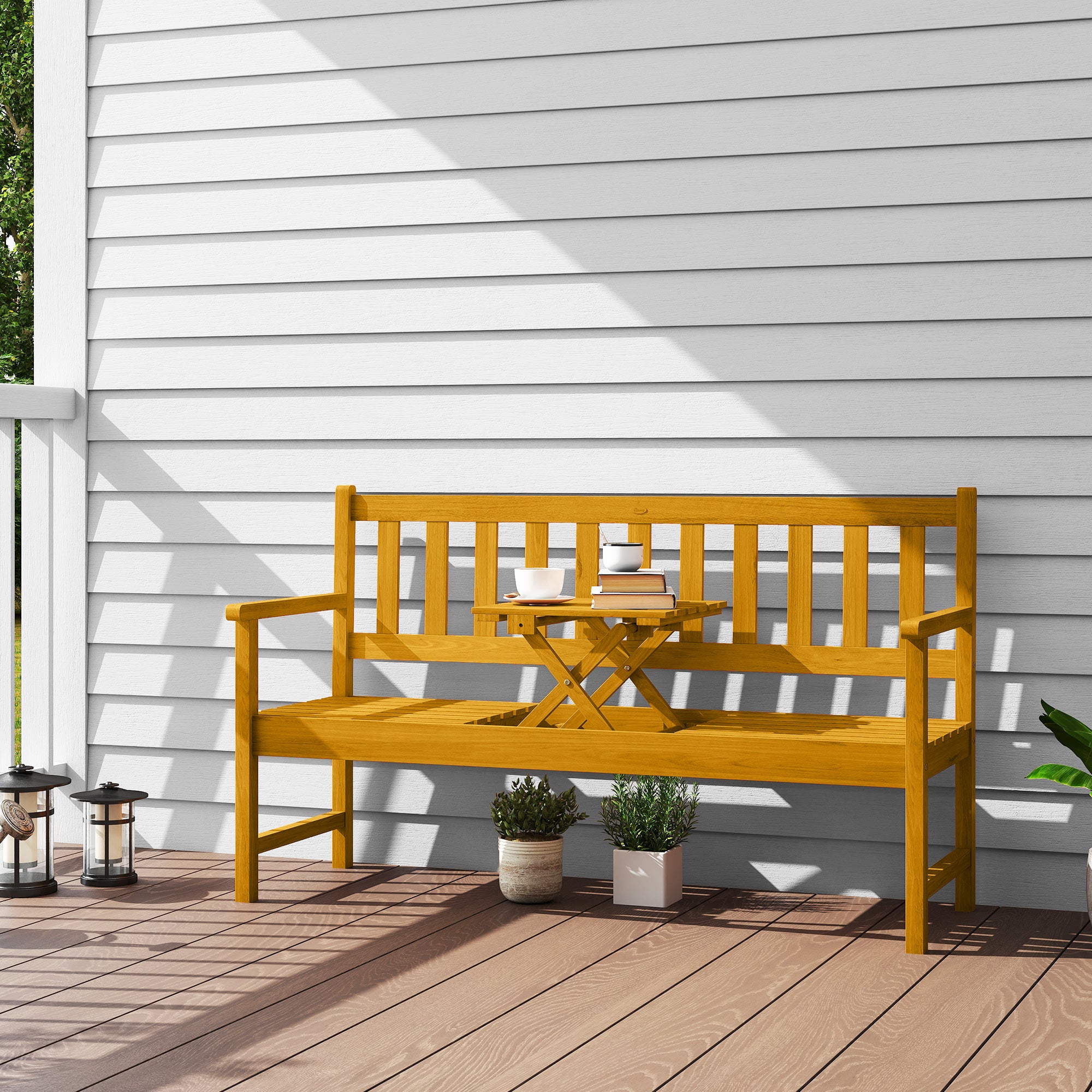 2-Seater Wooden Garden Bench, Weather-Resistant Bench, Garden Furniture with Backrest & Armrests, Foldable Table Park Bench 320kg Load Capacity, Balcony Bench, Wooden Bench for Balcony, Garden, 149x56.5x89cm, Teak
