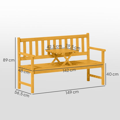 2-Seater Wooden Garden Bench, Weather-Resistant Bench, Garden Furniture with Backrest & Armrests, Foldable Table Park Bench 320kg Load Capacity, Balcony Bench, Wooden Bench for Balcony, Garden, 149x56.5x89cm, Teak