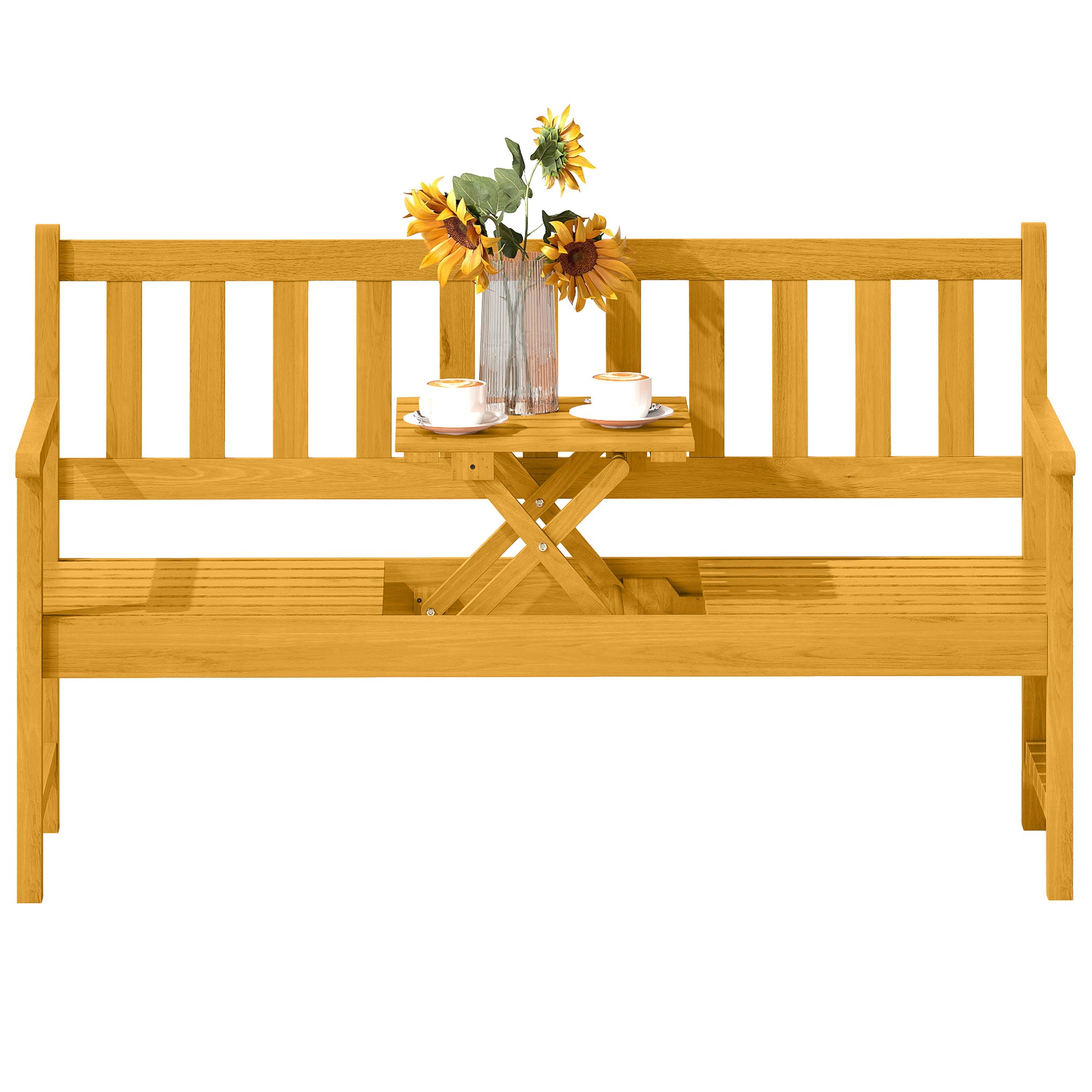 2-Seater Wooden Garden Bench, Weather-Resistant Bench, Garden Furniture with Backrest & Armrests, Foldable Table Park Bench 320kg Load Capacity, Balcony Bench, Wooden Bench for Balcony, Garden, 149x56.5x89cm, Teak