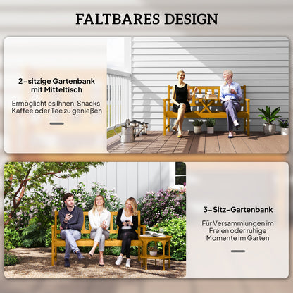 2-Seater Wooden Garden Bench, Weather-Resistant Bench, Garden Furniture with Backrest & Armrests, Foldable Table Park Bench 320kg Load Capacity, Balcony Bench, Wooden Bench for Balcony, Garden, 149x56.5x89cm, Teak