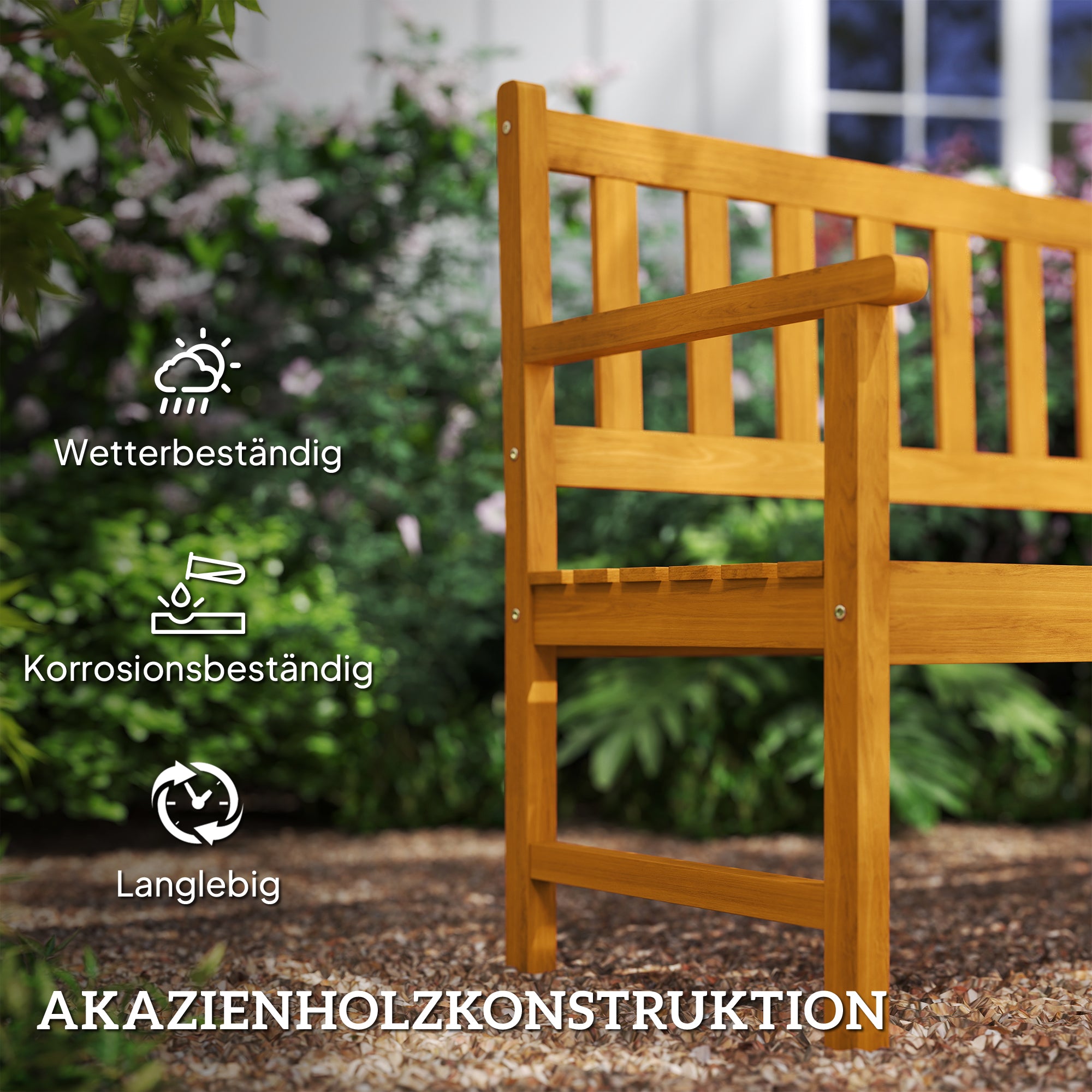 2-Seater Wooden Garden Bench, Weather-Resistant Bench, Garden Furniture with Backrest & Armrests, Foldable Table Park Bench 320kg Load Capacity, Balcony Bench, Wooden Bench for Balcony, Garden, 149x56.5x89cm, Teak