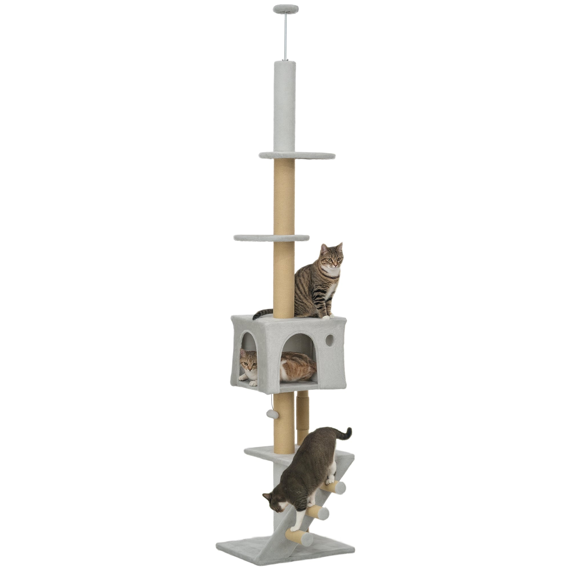 Floor to Ceiling Cat Tree 225-265 cm Adjustable Height Cat Scratching Tree with Multiple Platforms Ladder Hanging Ball Light Gray