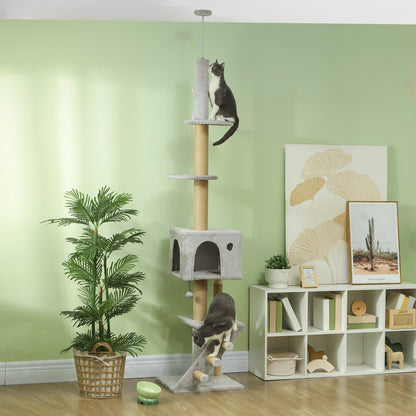 Floor to Ceiling Cat Tree 225-265 cm Adjustable Height Cat Scratching Tree with Multiple Platforms Ladder Hanging Ball Light Gray