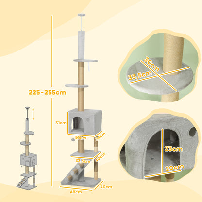 Floor to Ceiling Cat Tree 225-265 cm Adjustable Height Cat Scratching Tree with Multiple Platforms Ladder Hanging Ball Light Gray