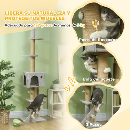 Floor to Ceiling Cat Tree 225-265 cm Adjustable Height Cat Scratching Tree with Multiple Platforms Ladder Hanging Ball Light Gray