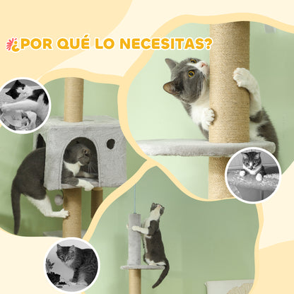 Floor to Ceiling Cat Tree 225-265 cm Adjustable Height Cat Scratching Tree with Multiple Platforms Ladder Hanging Ball Light Gray