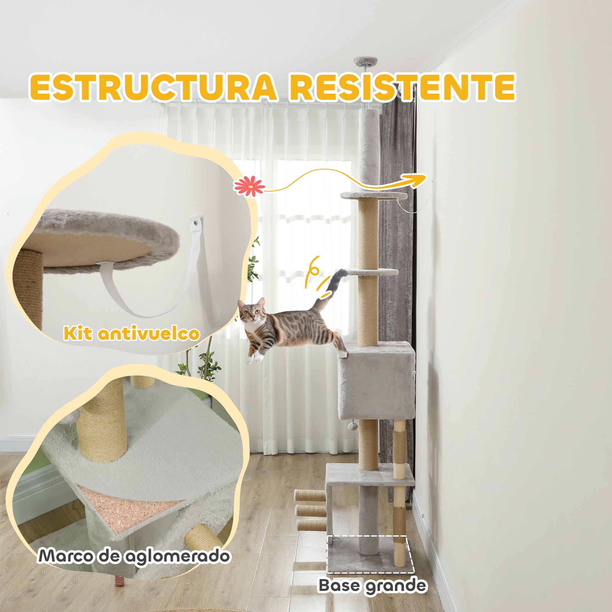 Floor to Ceiling Cat Tree 225-265 cm Adjustable Height Cat Scratching Tree with Multiple Platforms Ladder Hanging Ball Light Gray