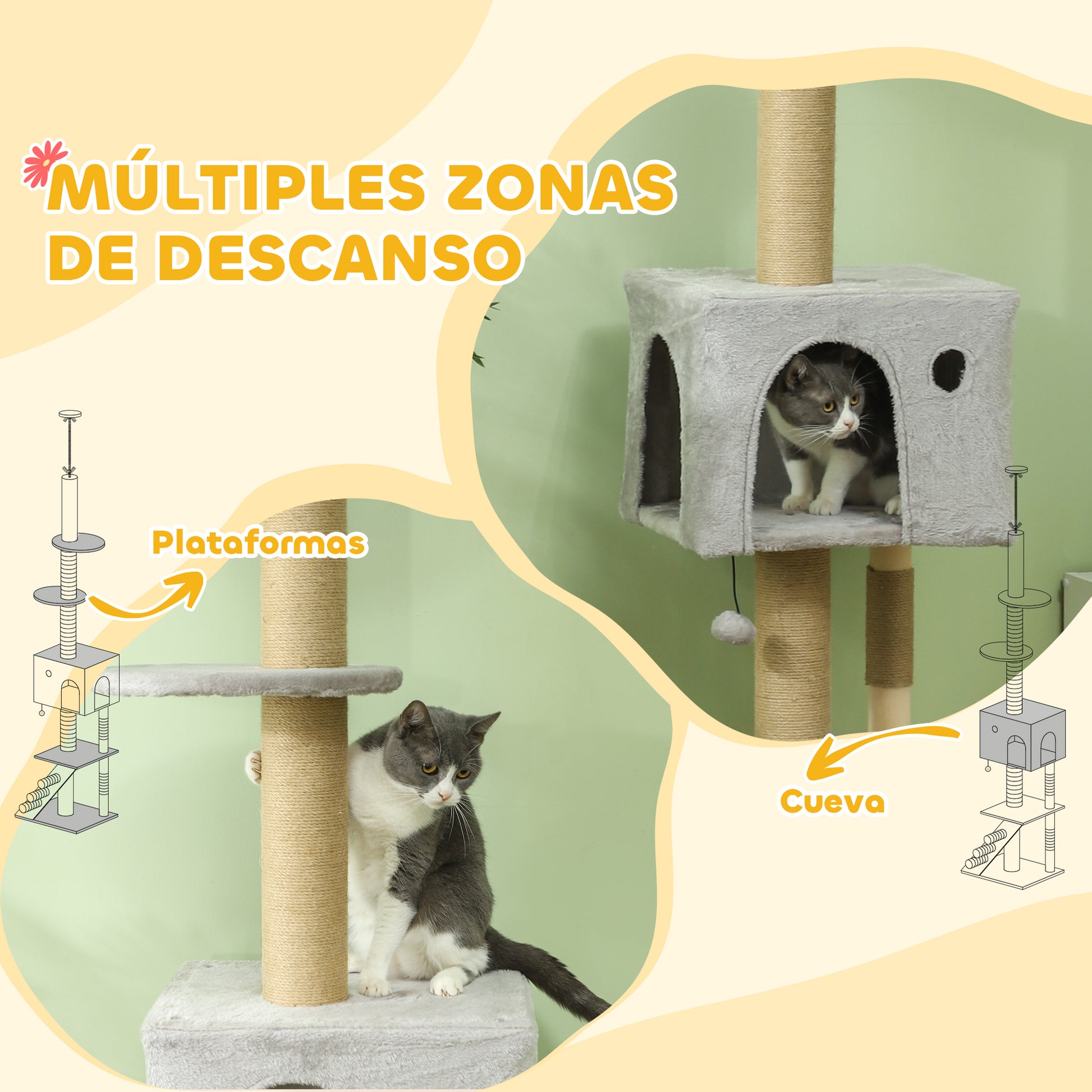 Floor to Ceiling Cat Tree 225-265 cm Adjustable Height Cat Scratching Tree with Multiple Platforms Ladder Hanging Ball Light Gray