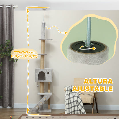 Floor to Ceiling Cat Tree 225-265 cm Adjustable Height Cat Scratching Tree with Multiple Platforms Ladder Hanging Ball Light Gray