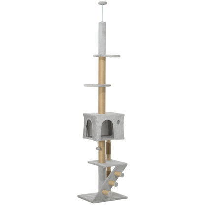 Floor to Ceiling Cat Tree 225-265 cm Adjustable Height Cat Scratching Tree with Multiple Platforms Ladder Hanging Ball Light Gray