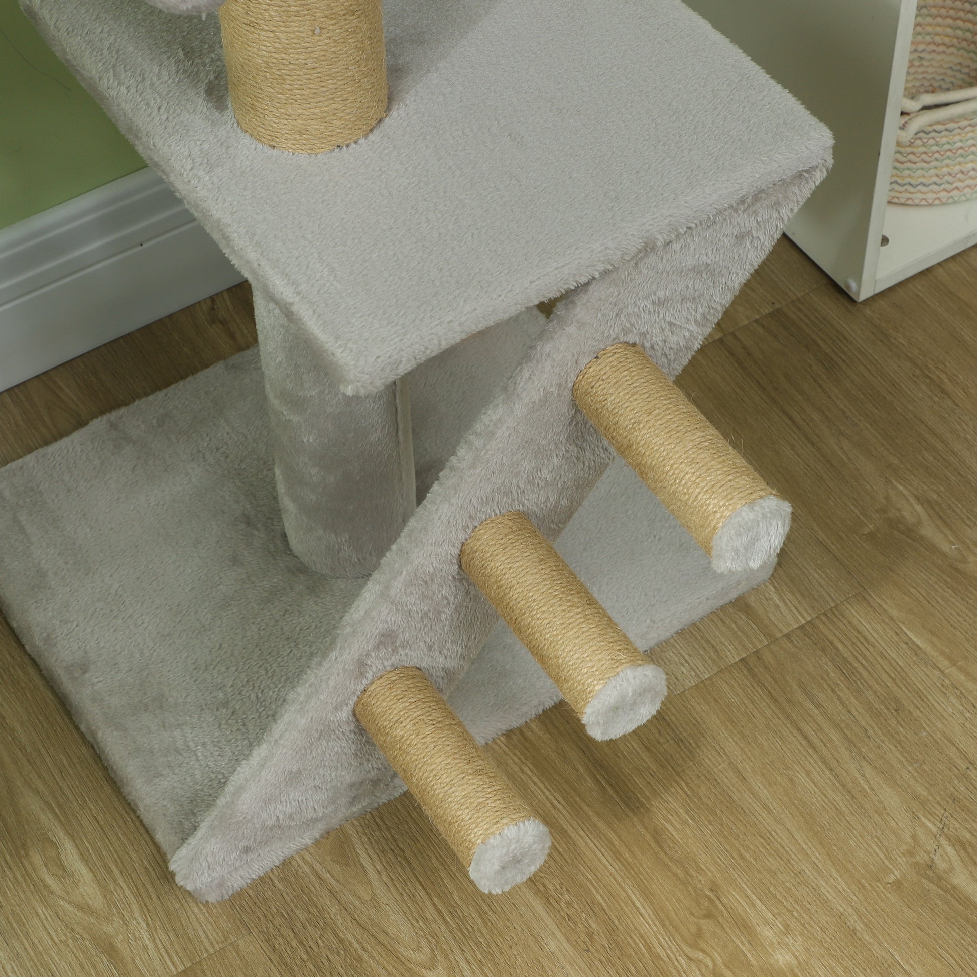 Floor to Ceiling Cat Tree 225-265 cm Adjustable Height Cat Scratching Tree with Multiple Platforms Ladder Hanging Ball Light Gray