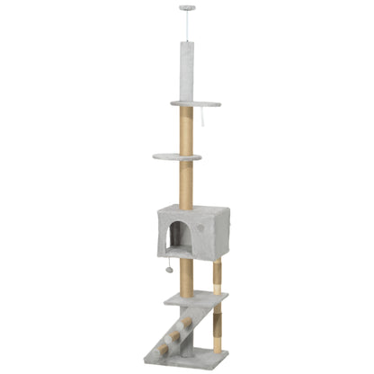 Floor to Ceiling Cat Tree 225-265 cm Adjustable Height Cat Scratching Tree with Multiple Platforms Ladder Hanging Ball Light Gray