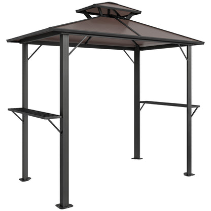 Grill Pavilion 2.5 x 1.5 m (approx. 8.2 x 4.9 ft) — Waterproof Double Polycarbonate Roof BBQ Canopy with Side Shelves, Aluminum Frame, UV-Resistant, Brown