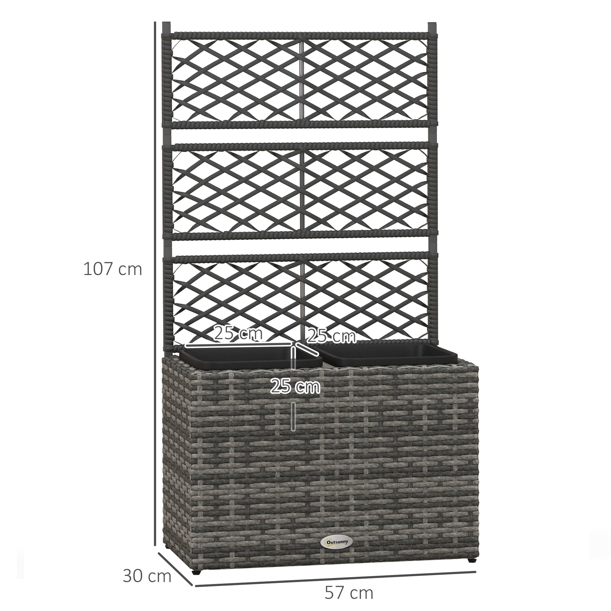 Planter for plants with trellis 2 pots plant box planter 22L garden balcony patio terrace outdoor in woven resin and steel 57 x 30 x 107 cm grey