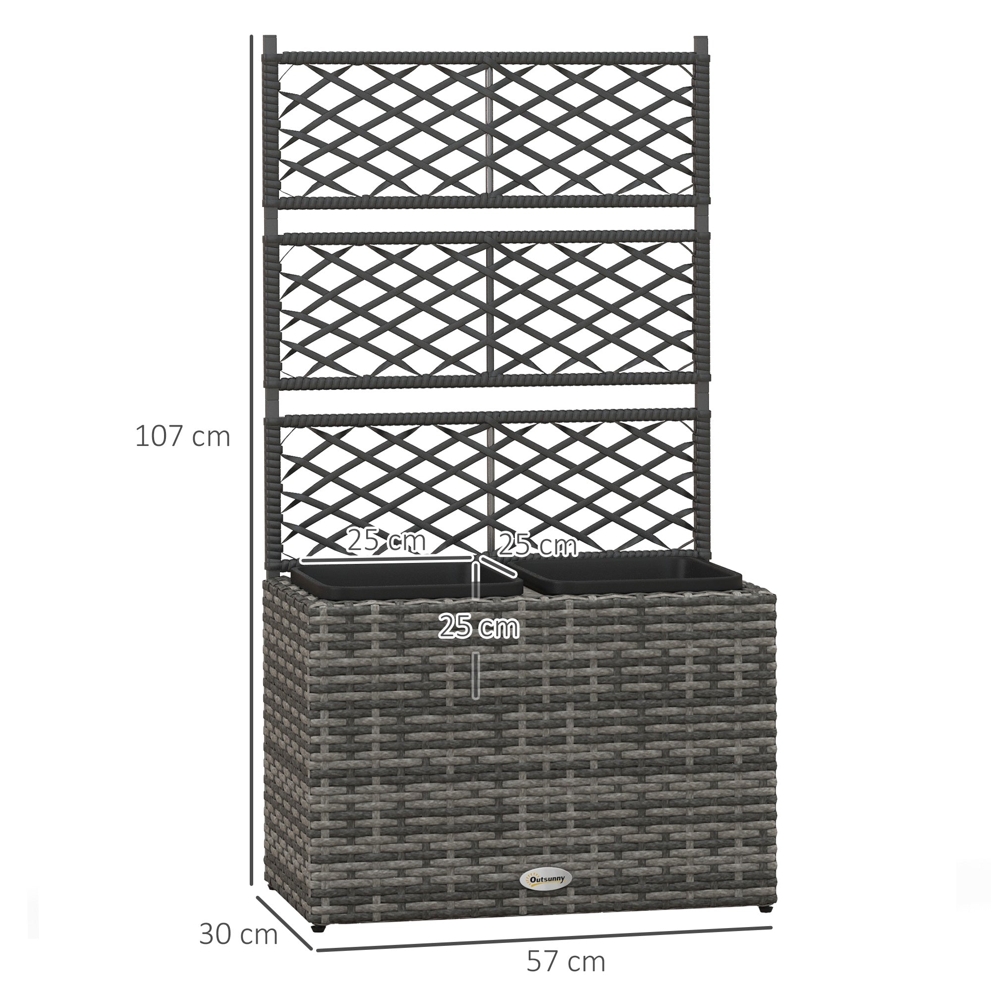 Planter for plants with trellis 2 pots plant box planter 22L garden balcony patio terrace outdoor in woven resin and steel 57 x 30 x 107 cm grey