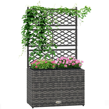 Planter for plants with trellis 2 pots plant box planter 22L garden balcony patio terrace outdoor in woven resin and steel 57 x 30 x 107 cm grey