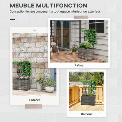 Planter for plants with trellis 2 pots plant box planter 22L garden balcony patio terrace outdoor in woven resin and steel 57 x 30 x 107 cm grey