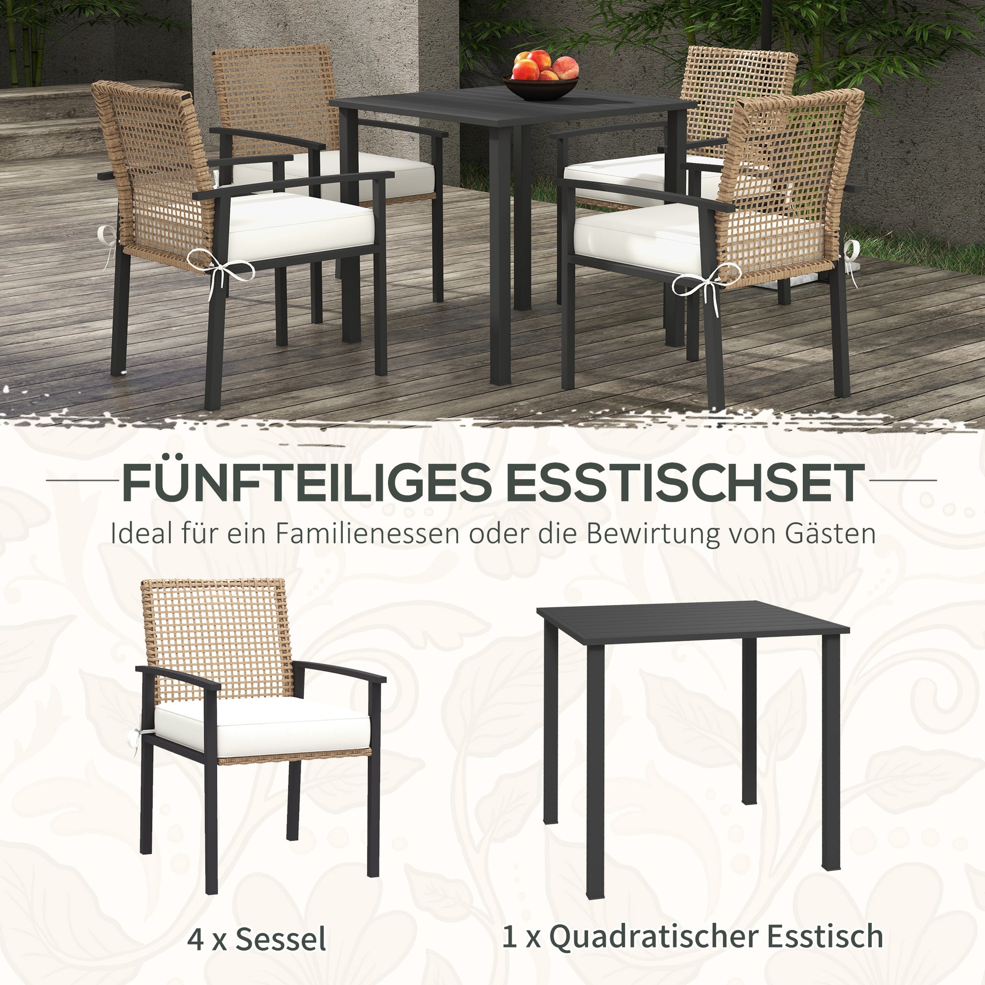 Rattan Dining Group, 5-piece Garden Furniture Set, Balcony Set for 4 Persons, Balcony Furniture with 1 Table, 4 Chairs, Garden Set Including Cushions, for Garden, Terrace, Natural