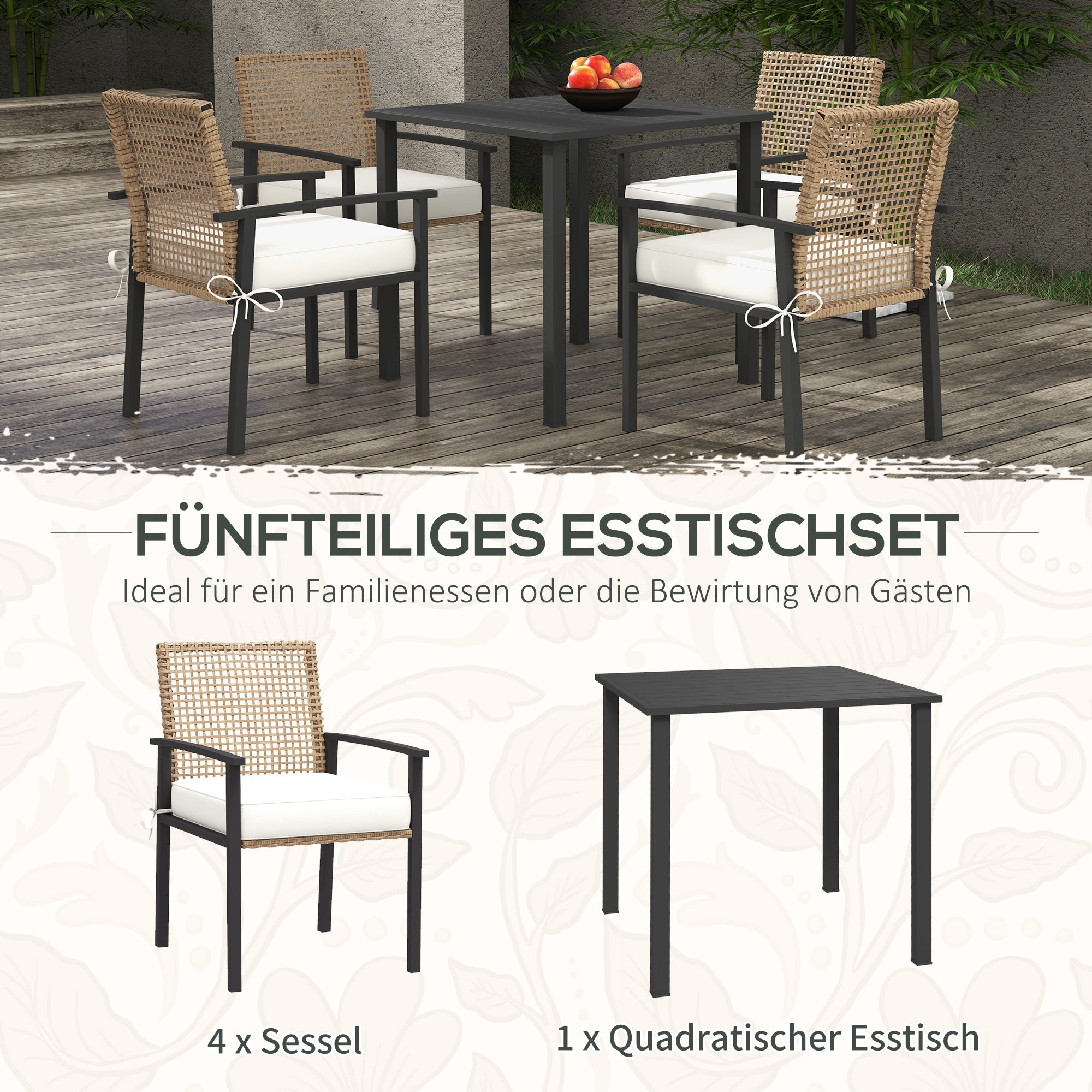 Rattan Dining Group, 5-piece Garden Furniture Set, Balcony Set for 4 Persons, Balcony Furniture with 1 Table, 4 Chairs, Garden Set Including Cushions, for Garden, Terrace, Natural
