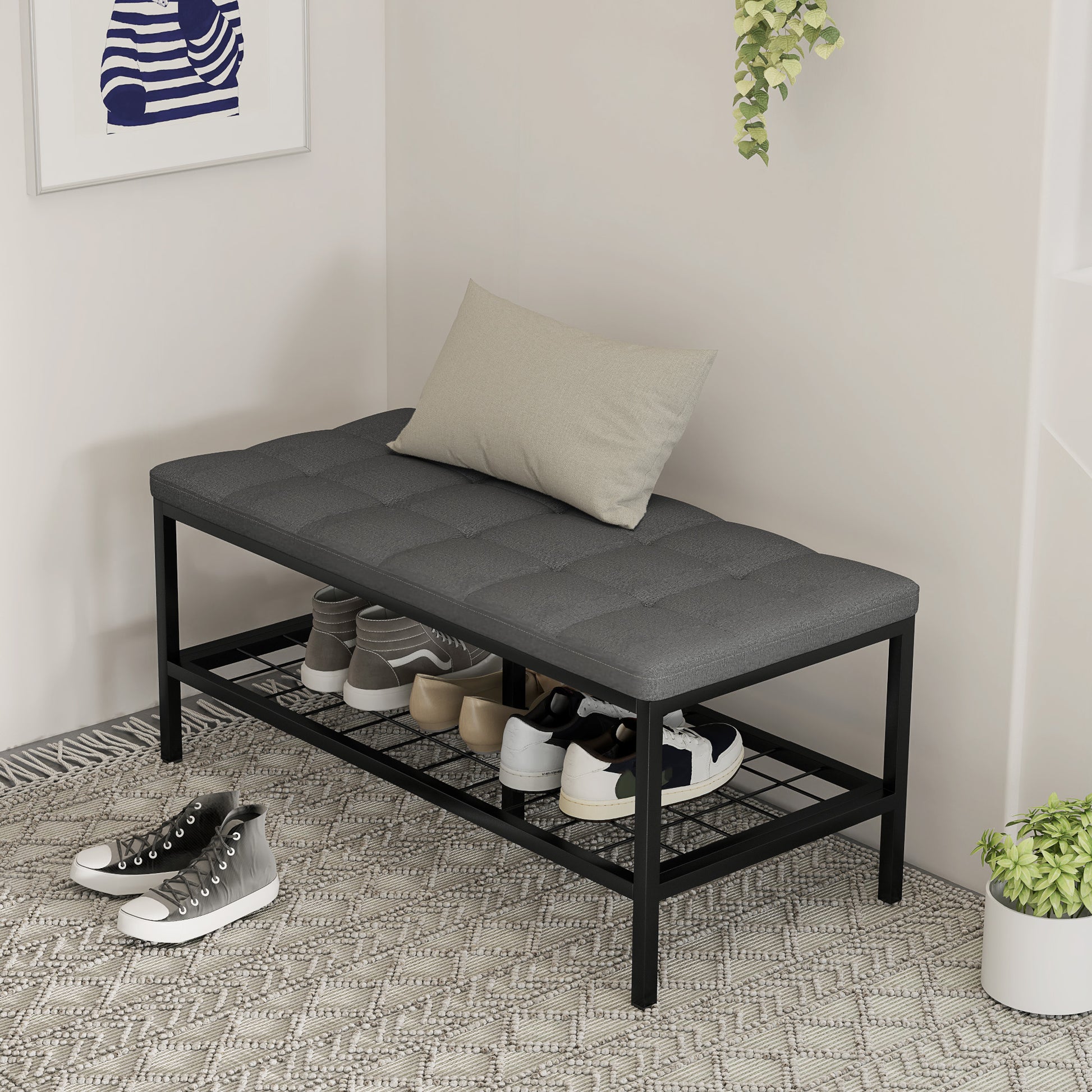 Shoe Bench Shoe Storage Bench with Padded Cushion and Storage Shelf, Entryway Bench for Hallway, Bedroom, 90 x 41 x 40 cm, Gray