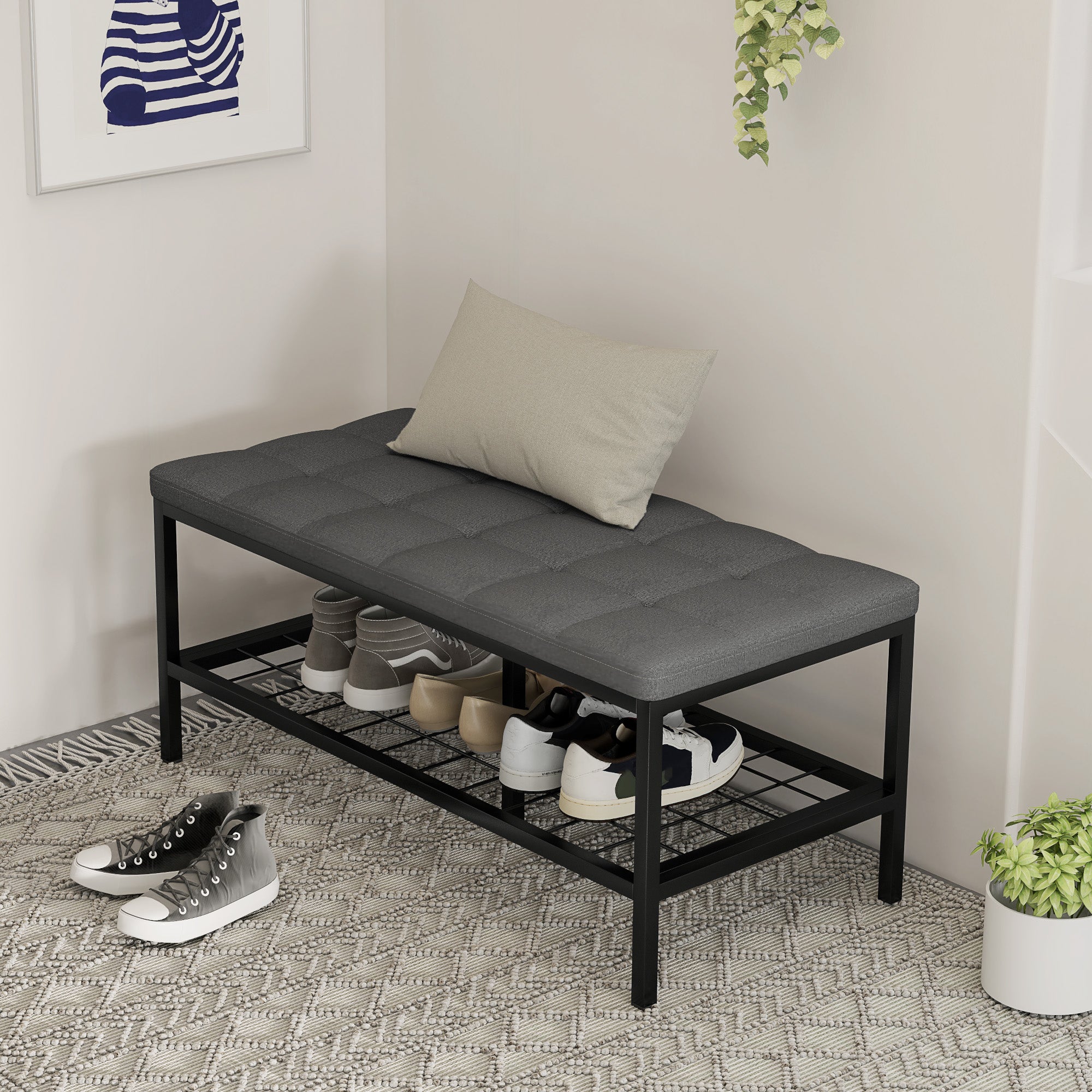 Shoe Bench Shoe Storage Bench with Padded Cushion and Storage Shelf, Entryway Bench for Hallway, Bedroom, 90 x 41 x 40 cm, Gray