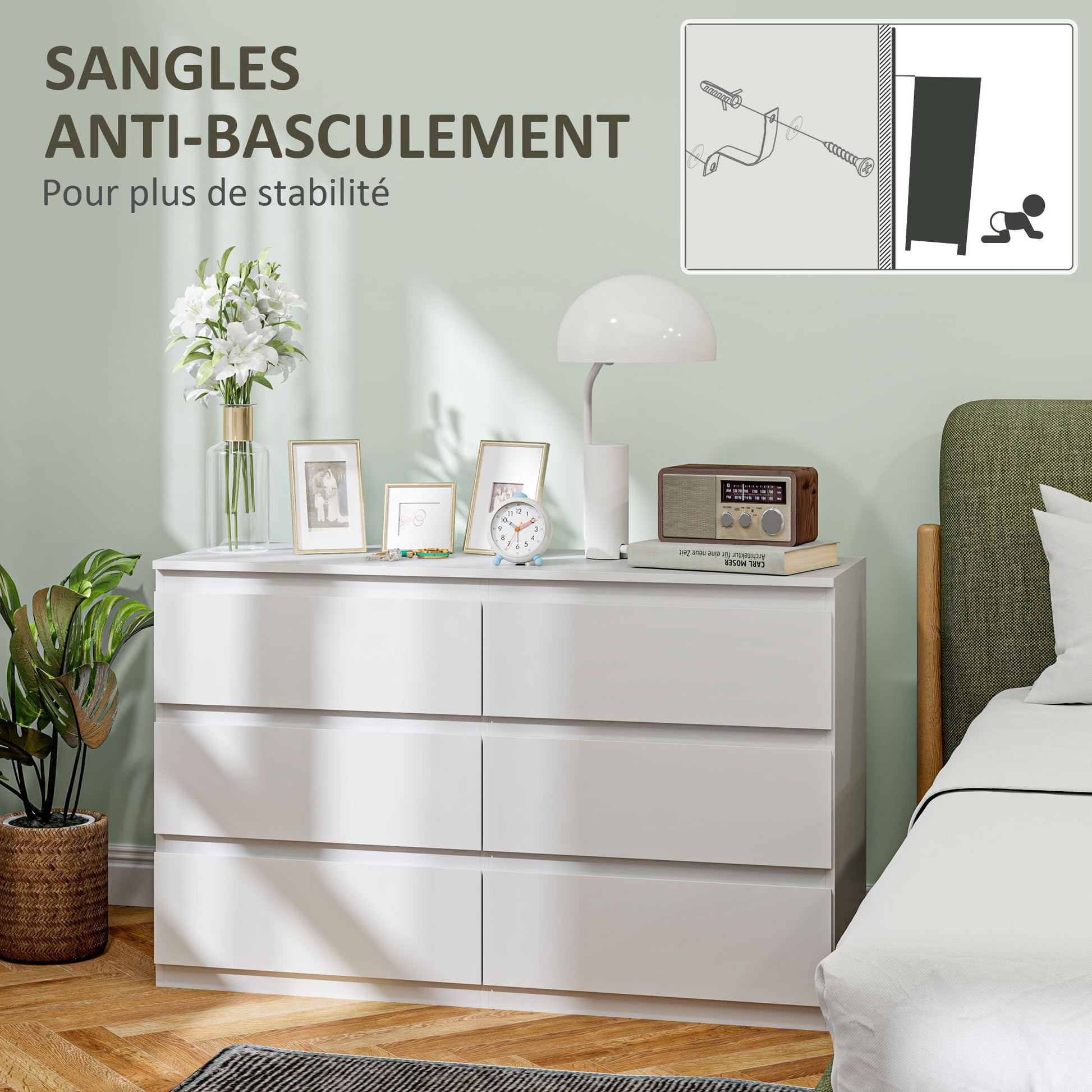 6-Drawer Chest Storage Cabinet Modern Style with Soft Close Mechanism for Bedroom, Living Room - 120 x 39 x 75 cm, White