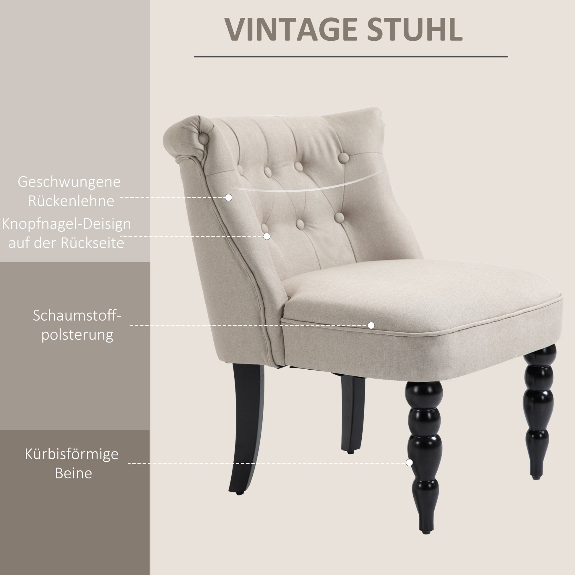 Vintage Relax Chair Lounge Chair Upholstered Chair Dining Chair Linen Cover Wooden Frame Beige+Black 67 x 67 x 78 cm