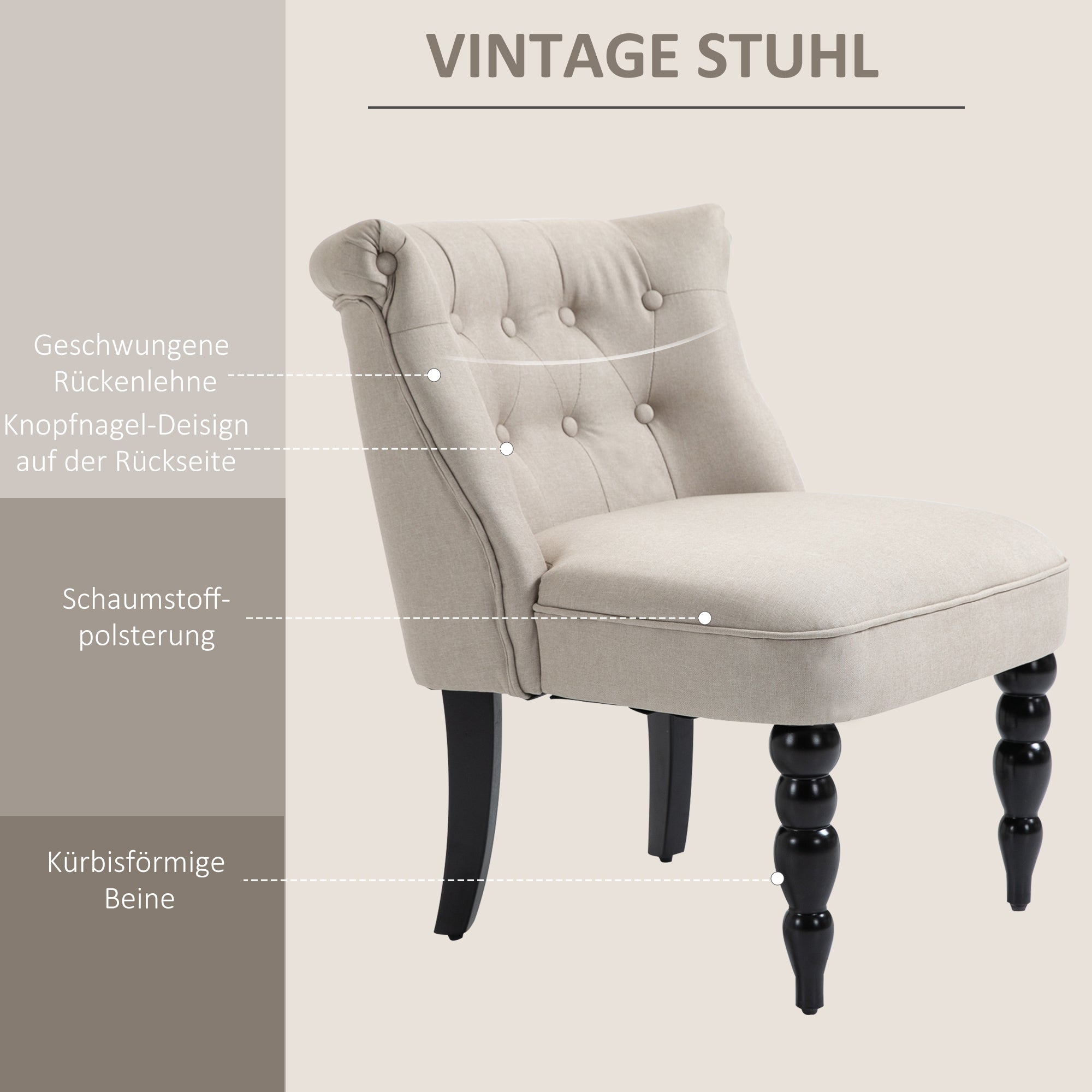 Vintage Relax Chair Lounge Chair Upholstered Chair Dining Chair Linen Cover Wooden Frame Beige+Black 67 x 67 x 78 cm