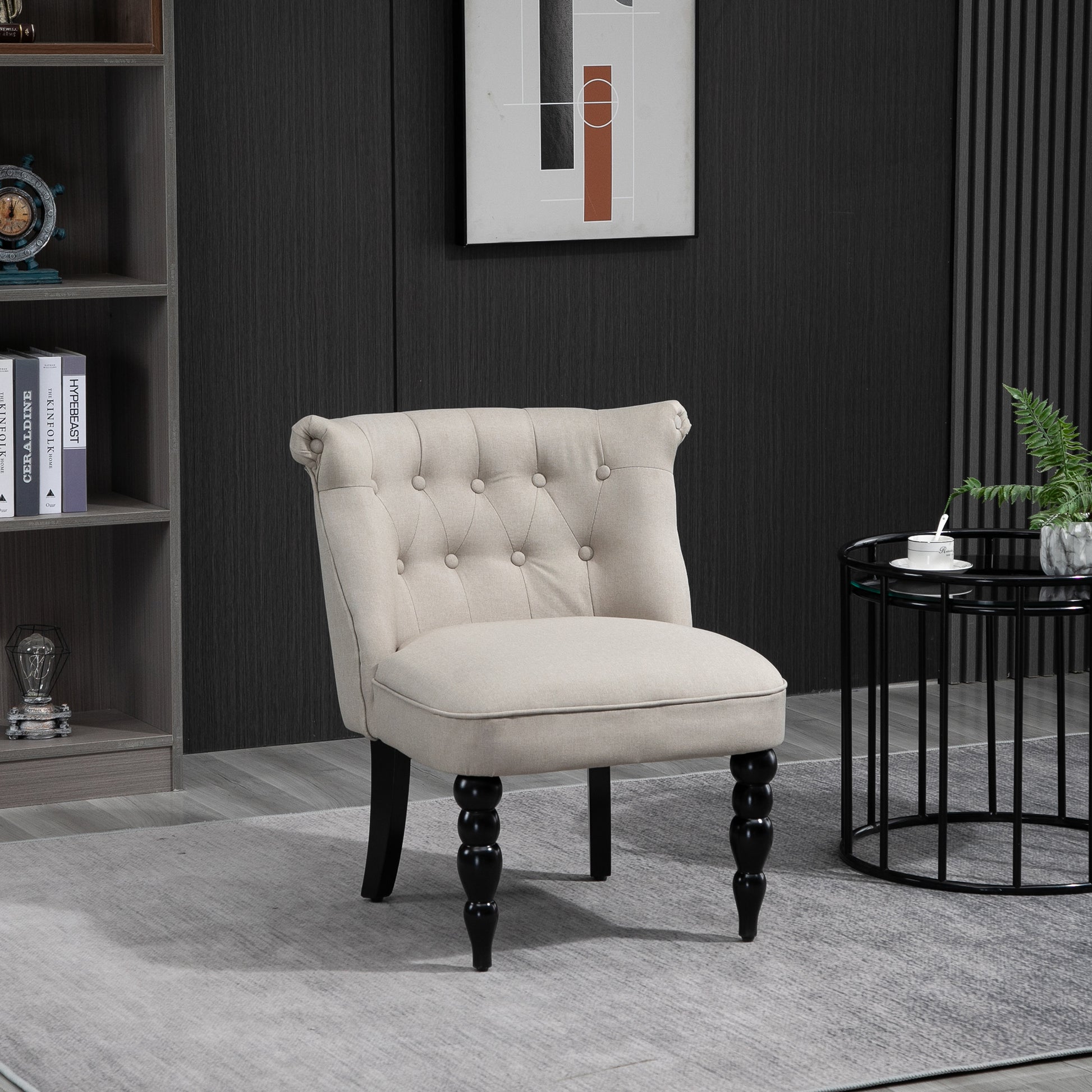 Vintage Relax Chair Lounge Chair Upholstered Chair Dining Chair Linen Cover Wooden Frame Beige+Black 67 x 67 x 78 cm