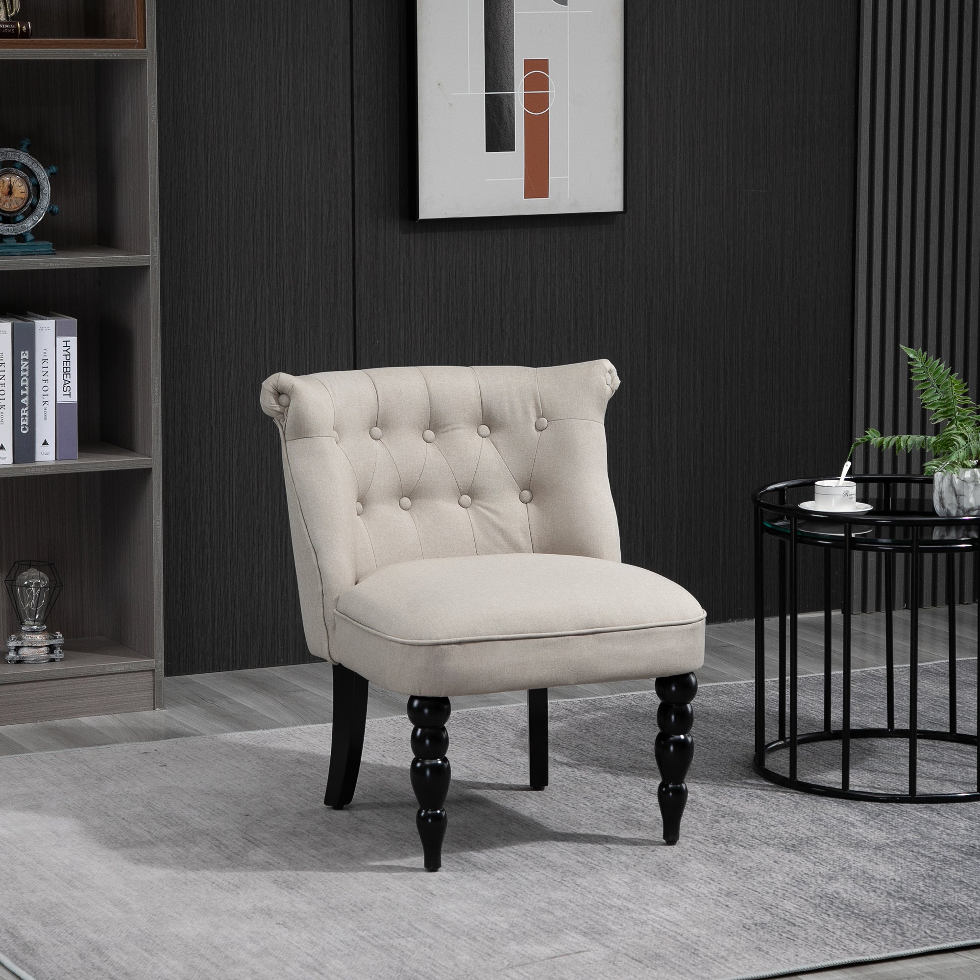 Vintage Relax Chair Lounge Chair Upholstered Chair Dining Chair Linen Cover Wooden Frame Beige+Black 67 x 67 x 78 cm