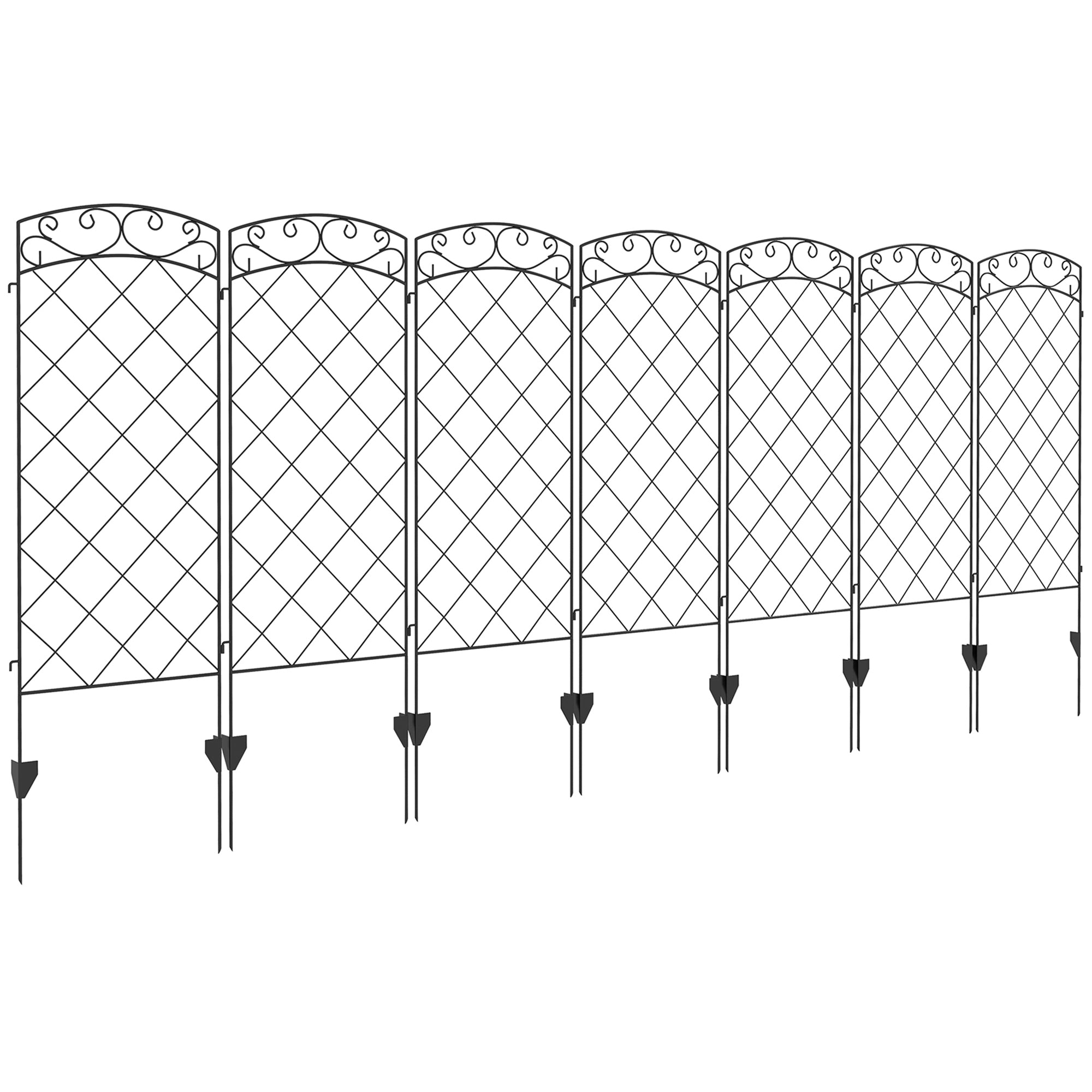 Set of 7 Decorative Metal Garden Fences with Decorations - 344L x 110H cm Black