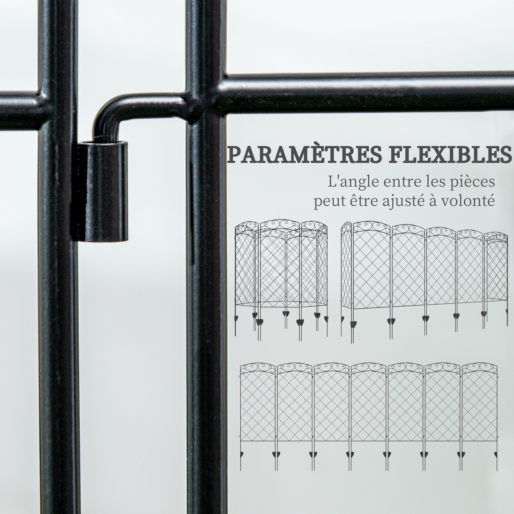 Set of 7 Decorative Metal Garden Fences with Decorations - 344L x 110H cm Black