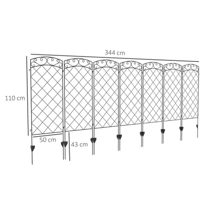 Set of 7 Decorative Metal Garden Fences with Decorations - 344L x 110H cm Black