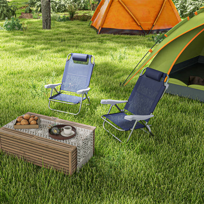 Set of 2 Folding Camping Chairs with Padded Headrest, Fishing Chair with 6-Level Adjustable Backrest in Aluminum and Foam, 62x65x80 cm, Blue