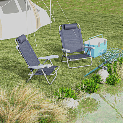 Set of 2 Folding Camping Chairs with Padded Headrest, Fishing Chair with 6-Level Adjustable Backrest in Aluminum and Foam, 62x65x80 cm, Blue