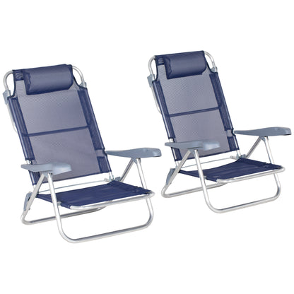 Set of 2 Folding Camping Chairs with Padded Headrest, Fishing Chair with 6-Level Adjustable Backrest in Aluminum and Foam, 62x65x80 cm, Blue