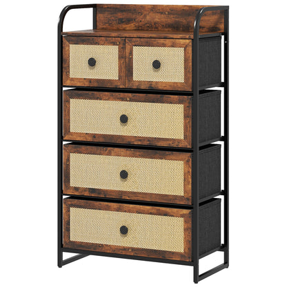 Fabric Chest of Drawers with 5 Foldable Fabric Drawers with Rattan Fronts and Steel Frame Chest of Drawers for Bedroom Living Room Rustic Brown