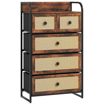 Fabric Chest of Drawers with 5 Foldable Fabric Drawers with Rattan Fronts and Steel Frame Chest of Drawers for Bedroom Living Room Rustic Brown