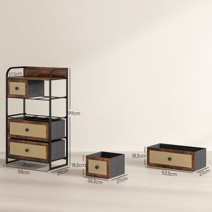 Fabric Chest of Drawers with 5 Foldable Fabric Drawers with Rattan Fronts and Steel Frame Chest of Drawers for Bedroom Living Room Rustic Brown