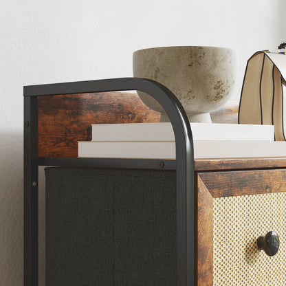 Fabric Chest of Drawers with 5 Foldable Fabric Drawers with Rattan Fronts and Steel Frame Chest of Drawers for Bedroom Living Room Rustic Brown
