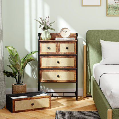 Fabric Chest of Drawers with 5 Foldable Fabric Drawers with Rattan Fronts and Steel Frame Chest of Drawers for Bedroom Living Room Rustic Brown