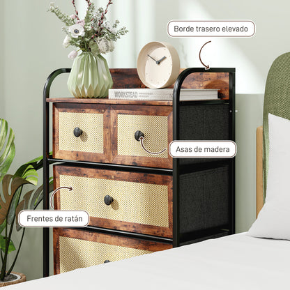 Fabric Chest of Drawers with 5 Foldable Fabric Drawers with Rattan Fronts and Steel Frame Chest of Drawers for Bedroom Living Room Rustic Brown