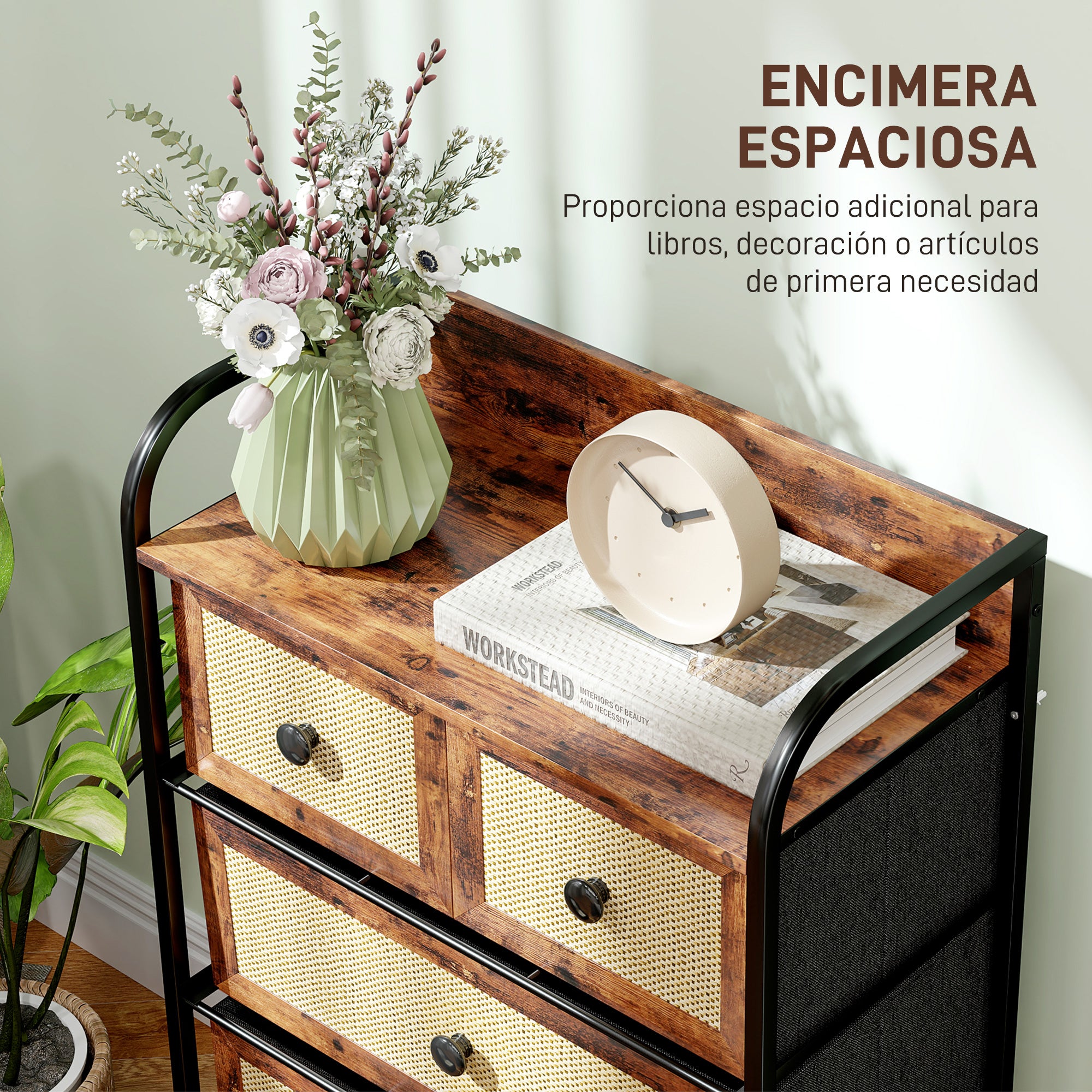 Fabric Chest of Drawers with 5 Foldable Fabric Drawers with Rattan Fronts and Steel Frame Chest of Drawers for Bedroom Living Room Rustic Brown