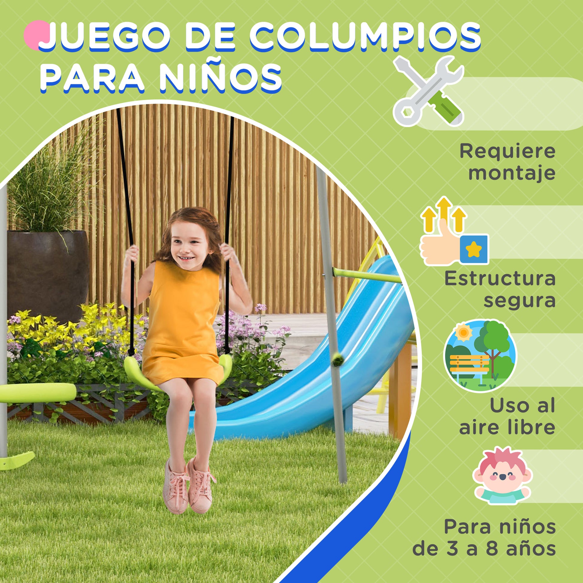 Children's Swing Garden Swing with 1 Simple Swing 1 Glider and Anti-UV Children's Swing Load 135 kg 255x160x180 cm Gray and Green