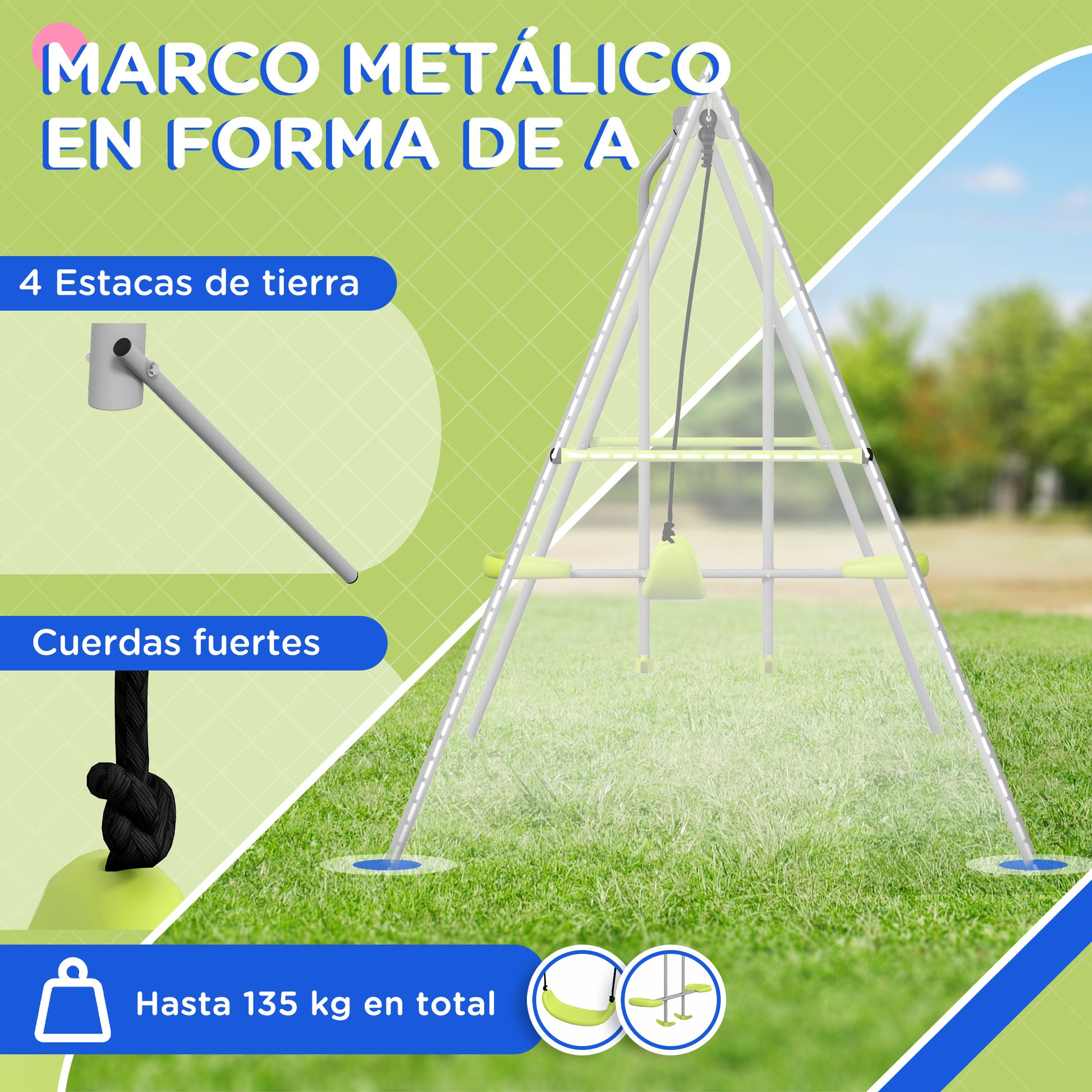 Children's Swing Garden Swing with 1 Simple Swing 1 Glider and Anti-UV Children's Swing Load 135 kg 255x160x180 cm Gray and Green