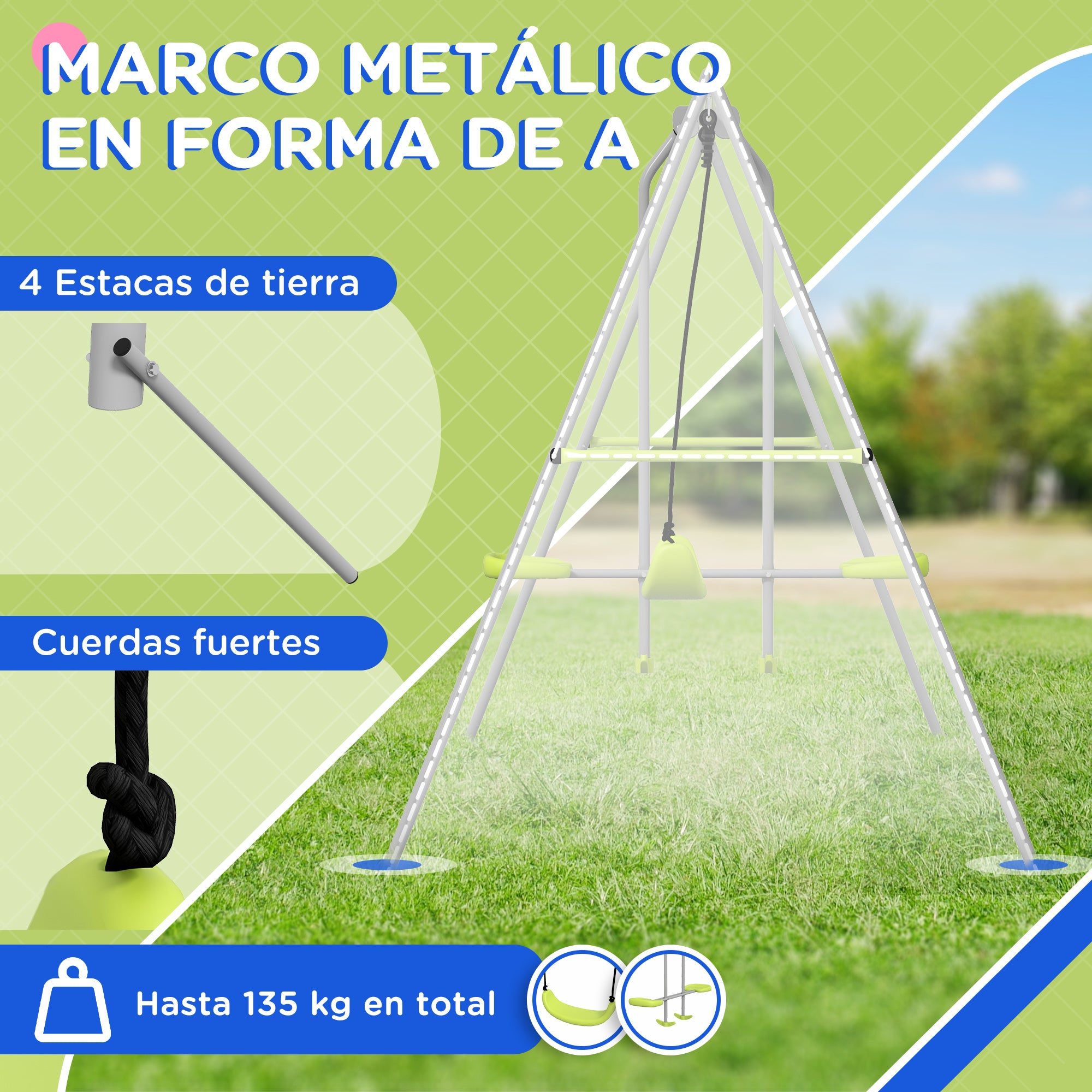 Children's Swing Garden Swing with 1 Simple Swing 1 Glider and Anti-UV Children's Swing Load 135 kg 255x160x180 cm Gray and Green