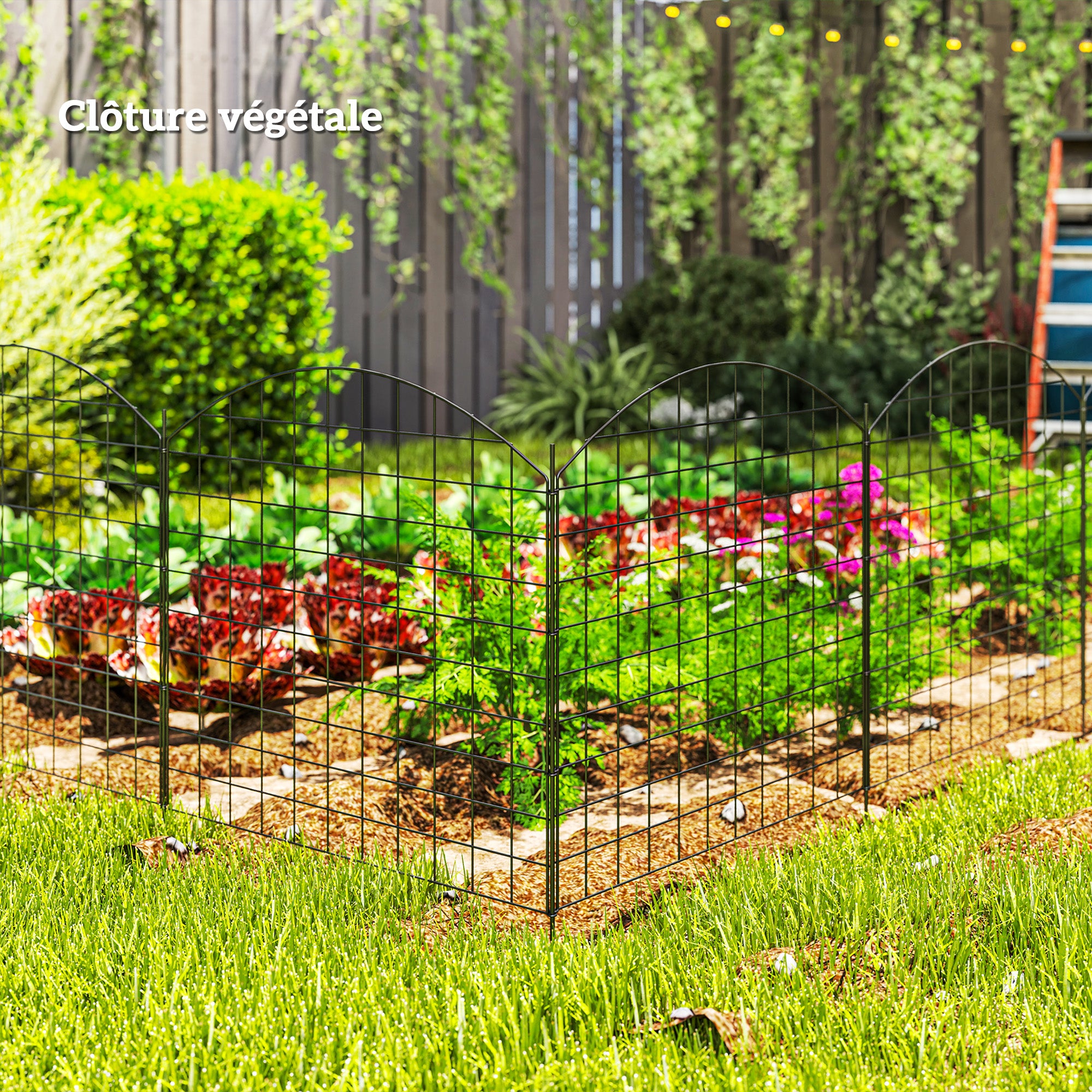 Metal Garden Fence, Decorative Fence Set of 6, 460 x 97 cm, Vegetable Fence, Path Edging, Garden Edging, Black