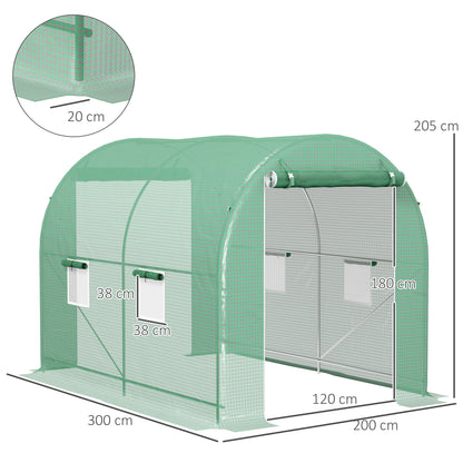 Garden Tunnel Greenhouse Ground Surface 6 m² 3L x 2W x 2.10H m Reinforced Tubular Frame Double Zippered Door 4 Roll-Up Windows Green