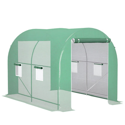 Garden Tunnel Greenhouse Ground Surface 6 m² 3L x 2W x 2.10H m Reinforced Tubular Frame Double Zippered Door 4 Roll-Up Windows Green