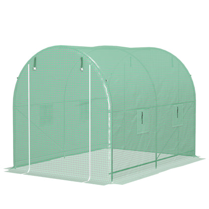Garden Tunnel Greenhouse Ground Surface 6 m² 3L x 2W x 2.10H m Reinforced Tubular Frame Double Zippered Door 4 Roll-Up Windows Green